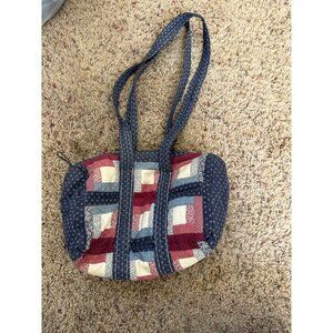 Quilted Patchwork Shoulder Tote Bag Blue Red White Rectangular Zipper Handmade